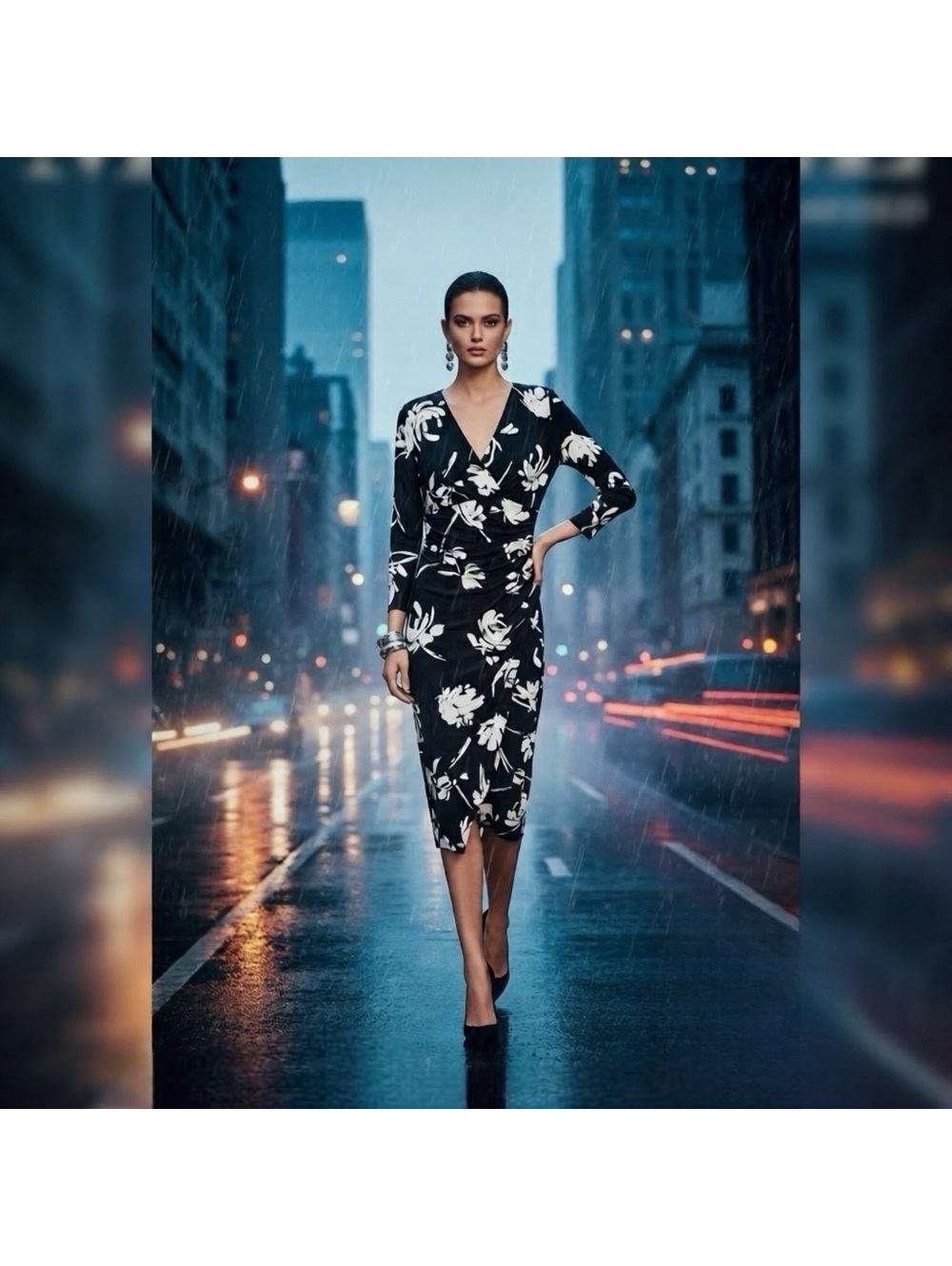 Lauren Ralph Lauren Black and White Floral Wrap Dress